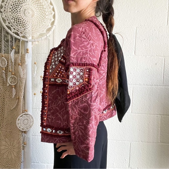 NWOT Boho Mirror Work & Bead Details Wine Blazer - Picture 2 of 16